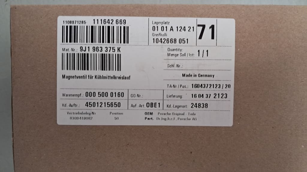 Original Magnetventil für den Kühlmittelkreislauf für Porsche Taycan
